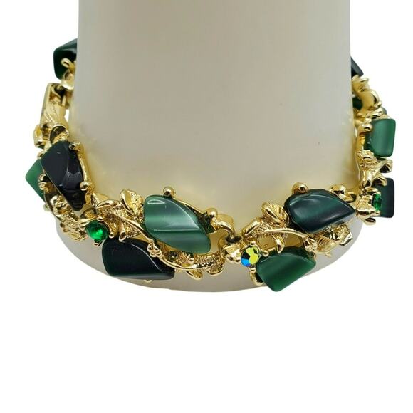 Green Thermoset Link Bracelet Rhinestone AB Gold Tone 7 1/2" L Vintage 1960s 70s - Picture 1 of 9